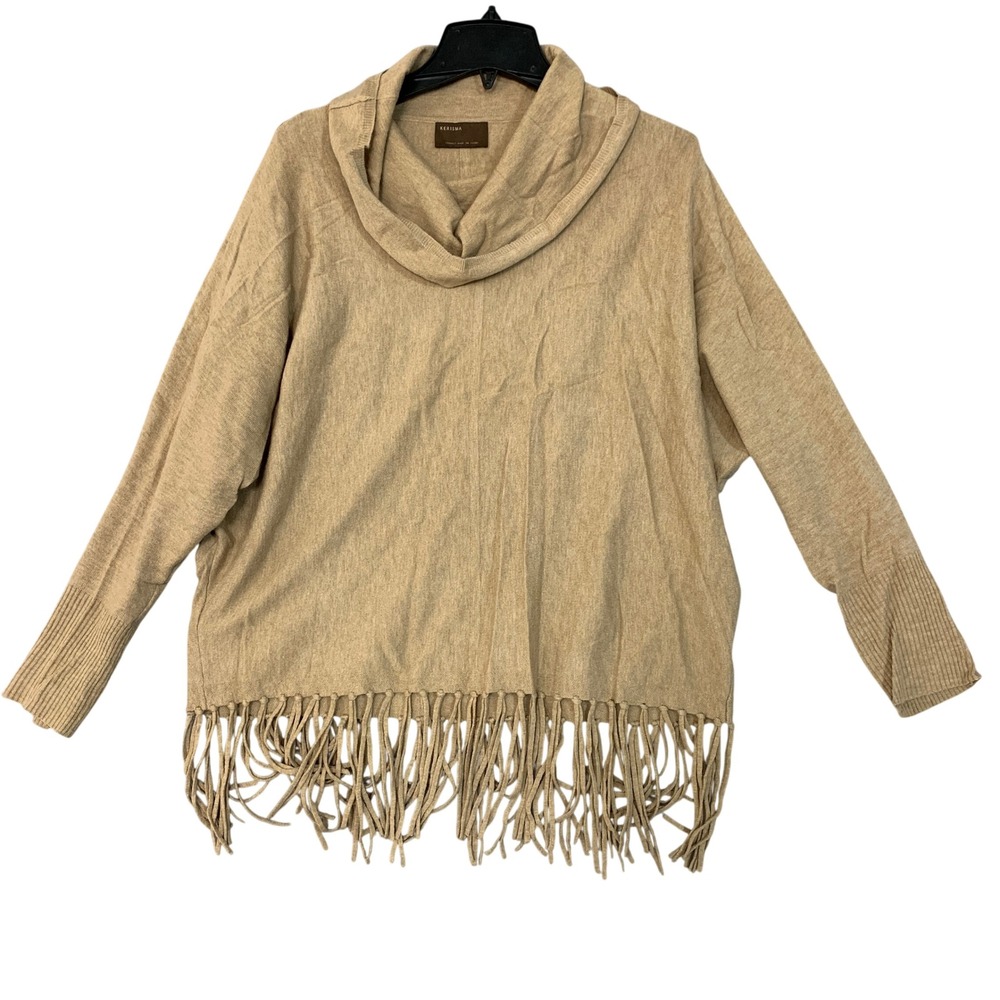 Kerisma Women's M/L Tan  Fringe Cowl Neck Sweater Wool Blend Batwing
